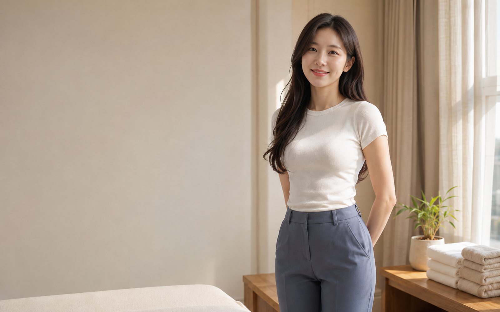 서울 상암 방문 홈케어를 안내하는 젊은 성인 한국 여성 관리사